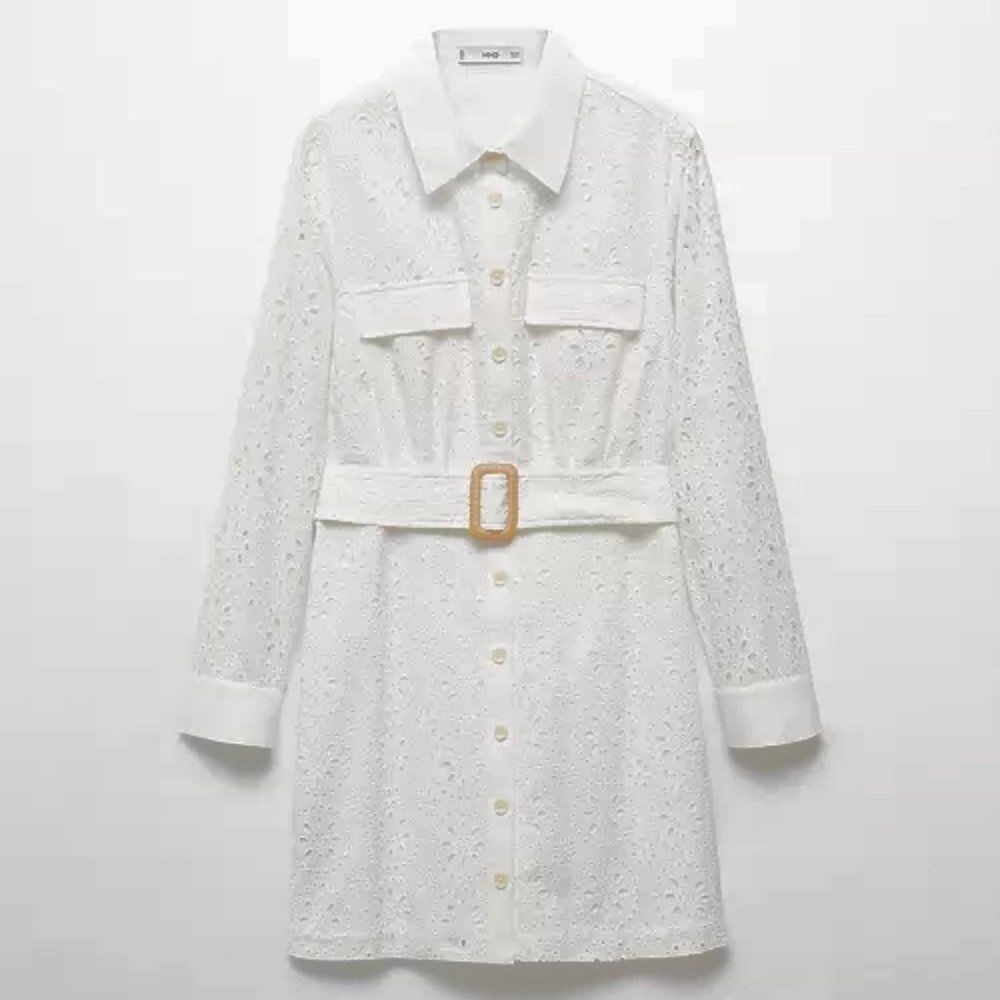 Mango Cream Eyelet Long Sleeve Dress Size Medium